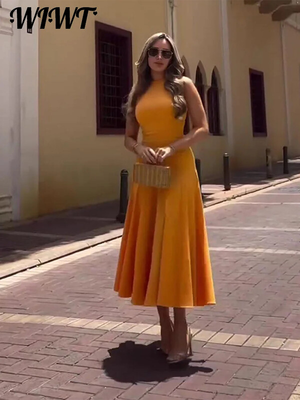 Õhuke plisseeritud tõmblukuga pikk kleit naistele Elegantne O-kaelusega varrukateta kõrge vöökohaga A-joonega kleidid 2024. aasta uued naiste moepeo vestid