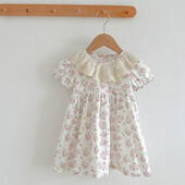 Uus Tüdrukute Kleit Suvine Printsessi Kleit Lühikeste varrukatega Roosa Kleit Pitskrae Lillelised Vestidos Lasteriided Beebide Lasteriided