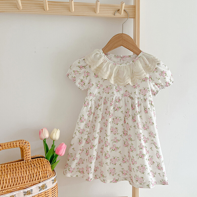 Uus Tüdrukute Kleit Suvine Printsessi Kleit Lühikeste varrukatega Roosa Kleit Pitskrae Lillelised Vestidos Lasteriided Beebide Lasteriided