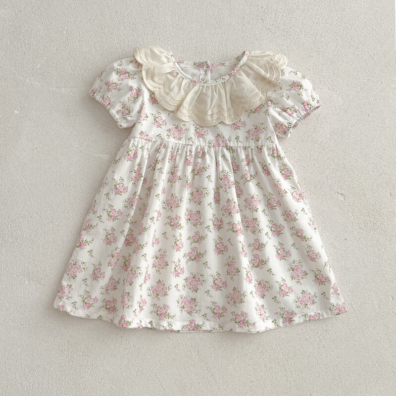 Uus Tüdrukute Kleit Suvine Printsessi Kleit Lühikeste varrukatega Roosa Kleit Pitskrae Lillelised Vestidos Lasteriided Beebide Lasteriided