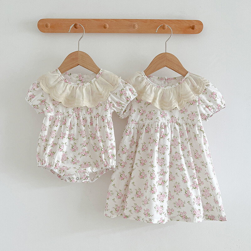 Uus Tüdrukute Kleit Suvine Printsessi Kleit Lühikeste varrukatega Roosa Kleit Pitskrae Lillelised Vestidos Lasteriided Beebide Lasteriided