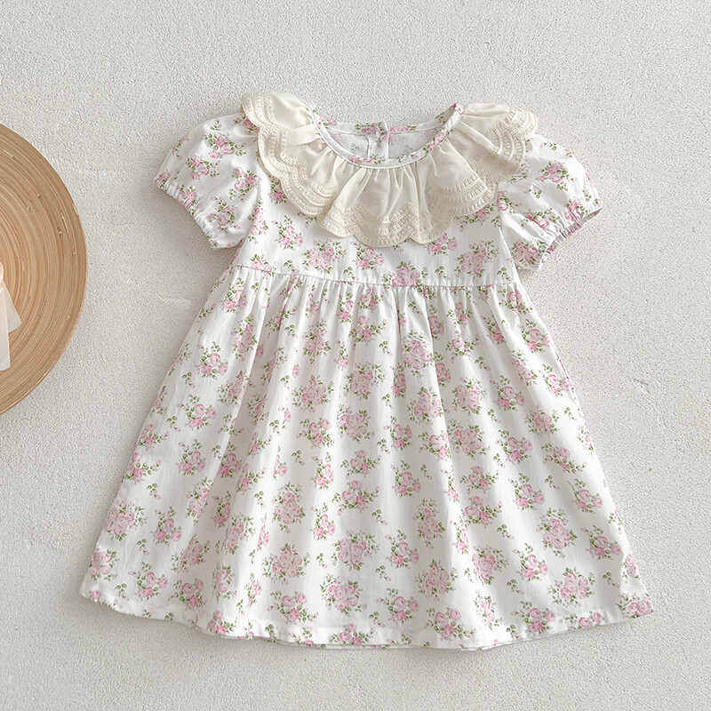 Uus Tüdrukute Kleit Suvine Printsessi Kleit Lühikeste varrukatega Roosa Kleit Pitskrae Lillelised Vestidos Lasteriided Beebide Lasteriided