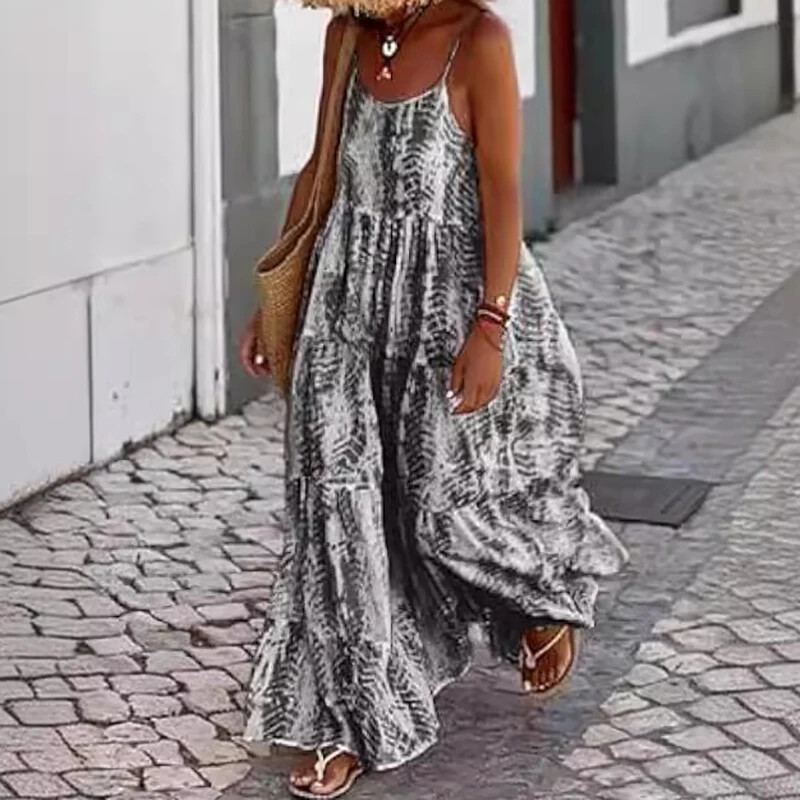 Naiste vabaaja O-kaelusega plisseeritud pikk kleit, suvine moemustriline, trükitud avarate traksidega kleit Seksikas varrukateta Bohe peokleidid