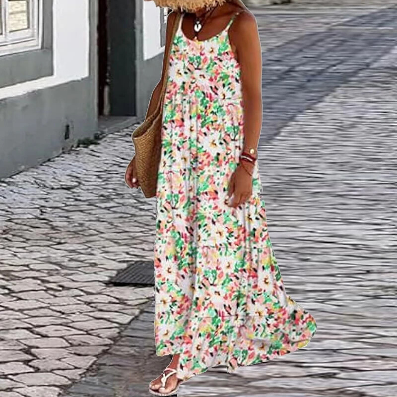 Naiste vabaaja O-kaelusega plisseeritud pikk kleit, suvine moemustriline, trükitud avarate traksidega kleit Seksikas varrukateta Bohe peokleidid