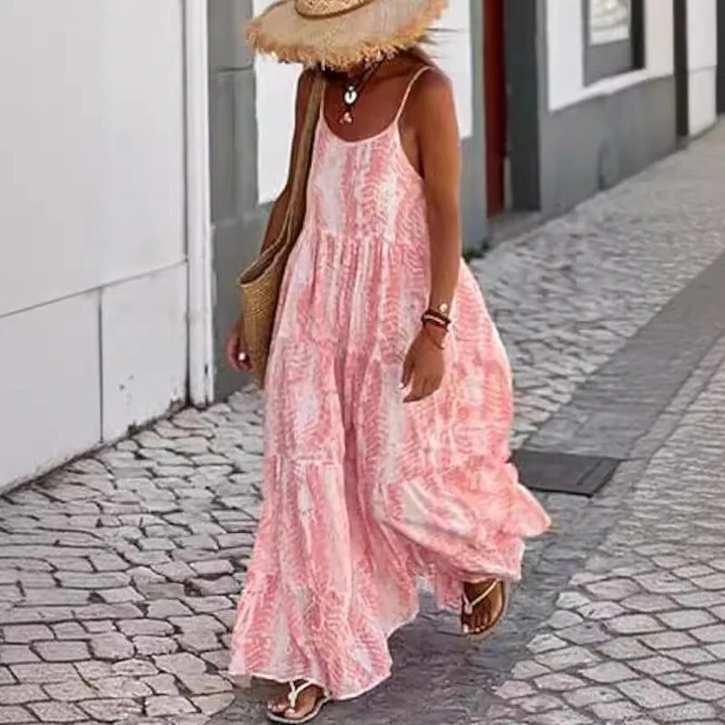 Naiste vabaaja O-kaelusega plisseeritud pikk kleit, suvine moemustriline, trükitud avarate traksidega kleit Seksikas varrukateta Bohe peokleidid