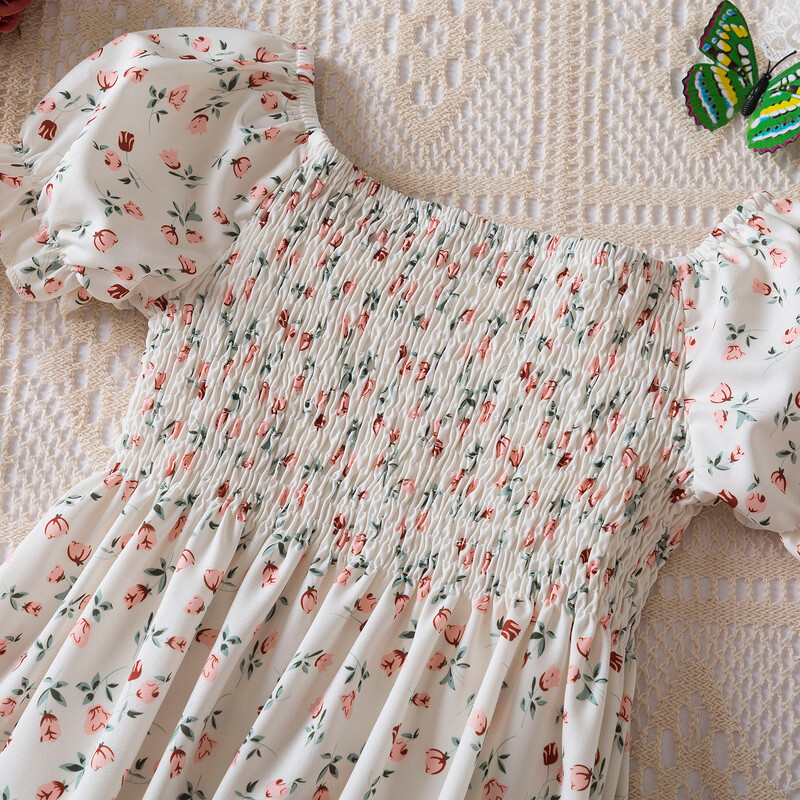 Tüdrukute kleidid 2024, suvi uus beebi Tüdrukute lilleline lühikeste varrukatega kleit 3–7 a. Lasteriided Pühade vabaajarõivad lastele trükitud riided