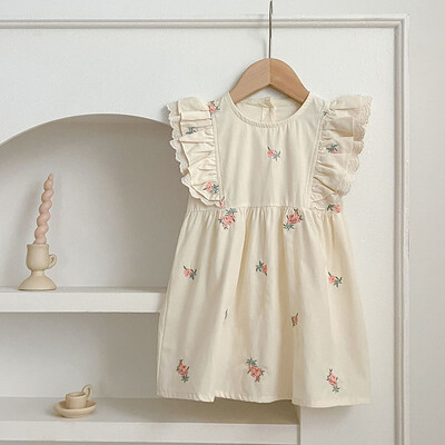 Rochii de vară pentru copii Haine de modă pentru fetițe Copii noi Broderie fără mâneci Rochii din bumbac fără spate 2-7 ani Haine pentru copii mici