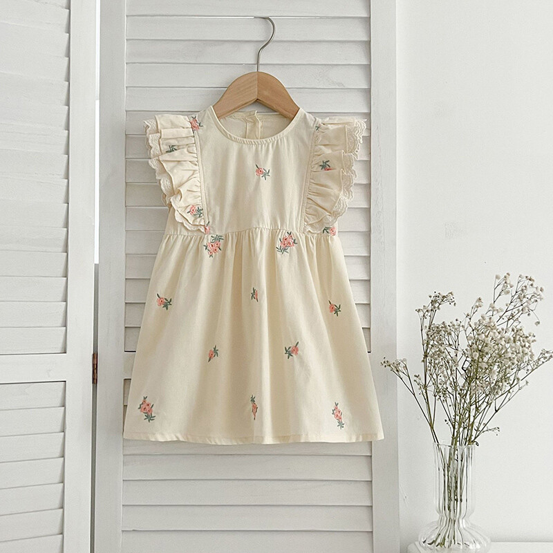 Rochii de vară pentru copii Haine de modă pentru fetițe Copii noi Broderie fără mâneci Rochii din bumbac fără spate 2-7 ani Haine pentru copii mici