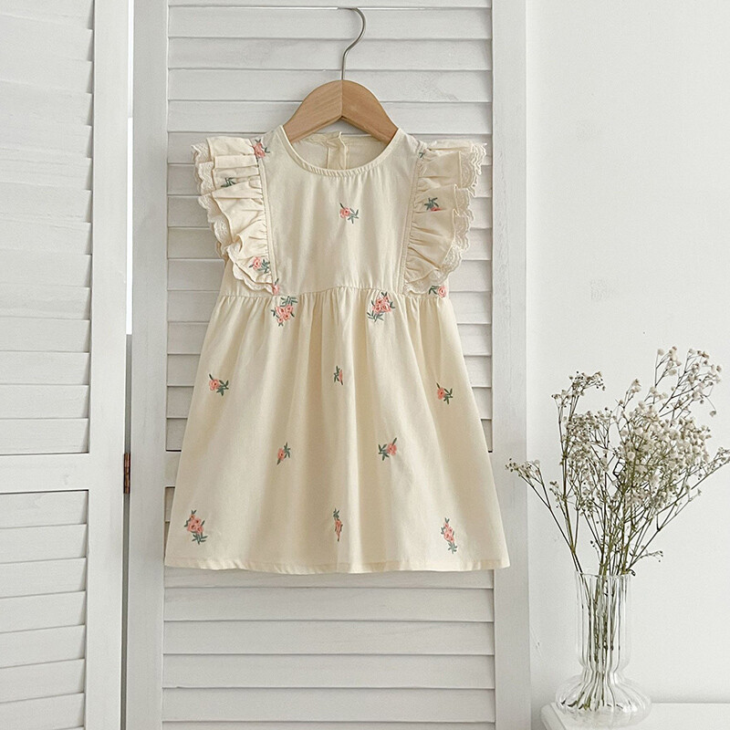 Rochii de vară pentru copii Haine de modă pentru fetițe Copii noi Broderie fără mâneci Rochii din bumbac fără spate 2-7 ani Haine pentru copii mici