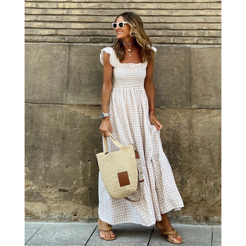 Casual Summer Trend French Decolteu Patrat Rochie Retro Plaja Vacanta Rochie Vintage Volane Fly Maneca Rochie Leagan Mare In carouri Dulce