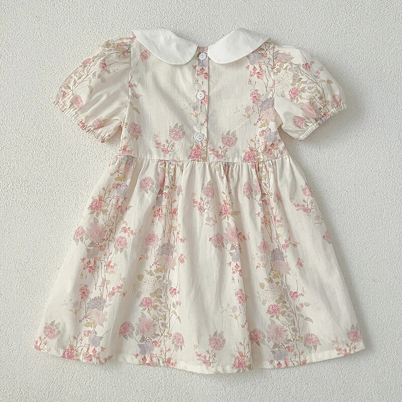 Moodne tüdrukute kleit Roosad lilled Retro pitskleit Puuvillane printsess Vestido vabaaja kaelusega suvekleit Uued armsad lasteriided