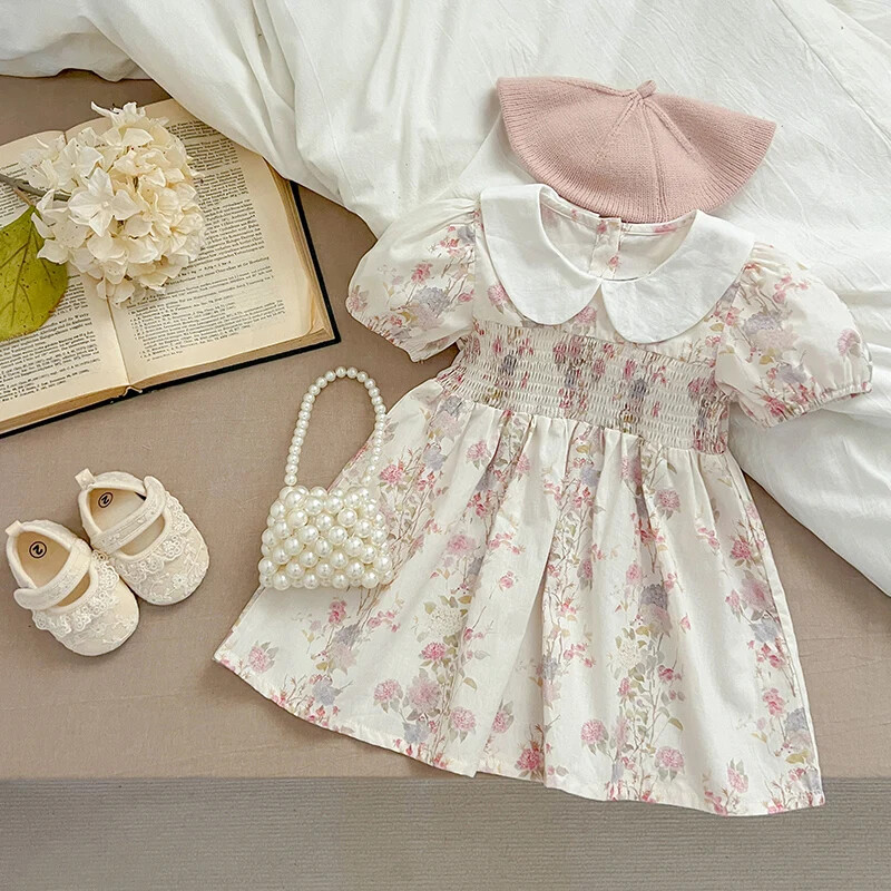 Moodne tüdrukute kleit Roosad lilled Retro pitskleit Puuvillane printsess Vestido vabaaja kaelusega suvekleit Uued armsad lasteriided