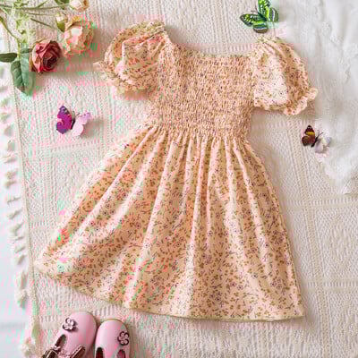 Lastele mõeldud vabaajakleit tüdrukutele, riided 2024. aasta uus suvine lastemoodne valge lillemustriga puhvis varrukatega printsesskleit 2-6 aastasele