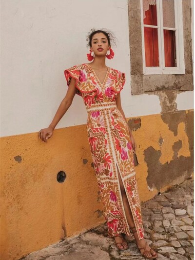 Moodne varrukateta V-kaelusega kleit, suvine uus vintage kleit, volangidega lõhik seljata pikad vestid vabaaja tänavapuhkus