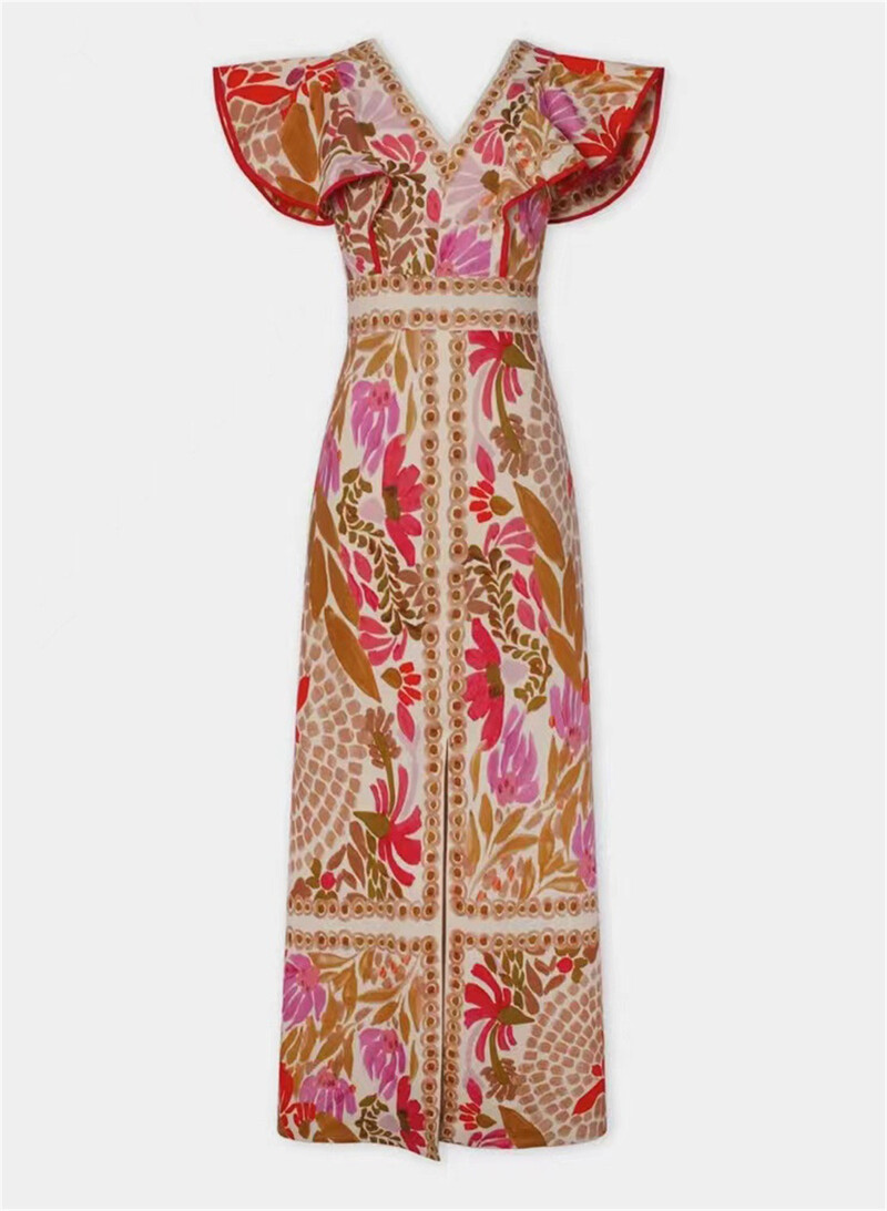 Moodne varrukateta V-kaelusega kleit, suvine uus vintage kleit, volangidega lõhik seljata pikad vestid vabaaja tänavapuhkus