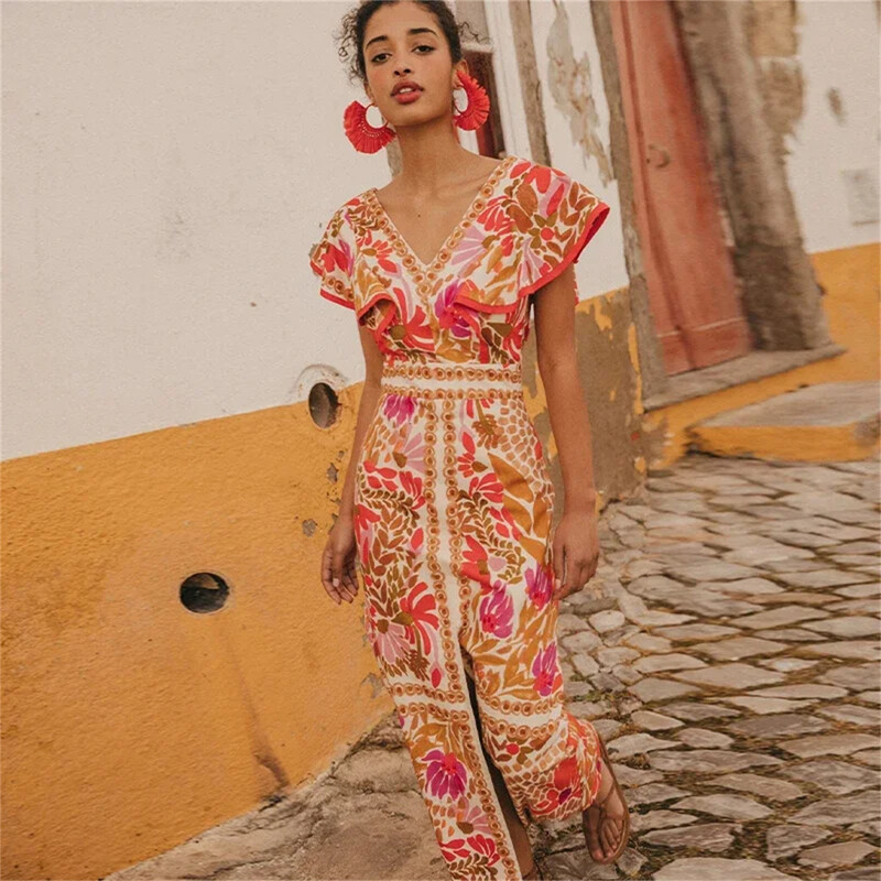 Moodne varrukateta V-kaelusega kleit, suvine uus vintage kleit, volangidega lõhik seljata pikad vestid vabaaja tänavapuhkus