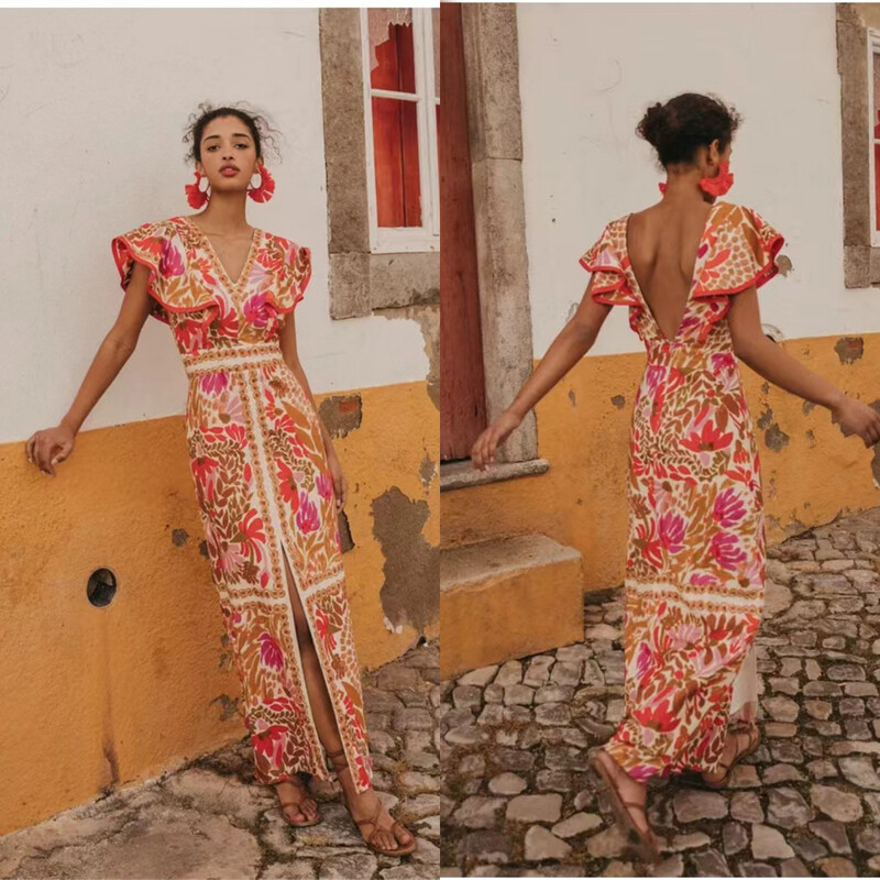 Moodne varrukateta V-kaelusega kleit, suvine uus vintage kleit, volangidega lõhik seljata pikad vestid vabaaja tänavapuhkus