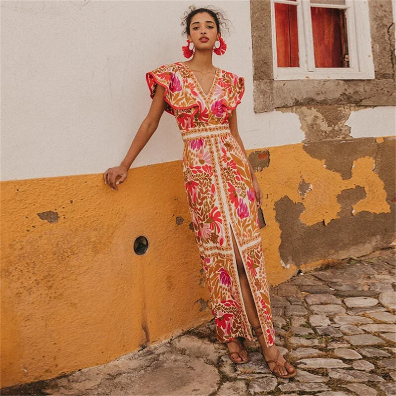 Moodne varrukateta V-kaelusega kleit, suvine uus vintage kleit, volangidega lõhik seljata pikad vestid vabaaja tänavapuhkus