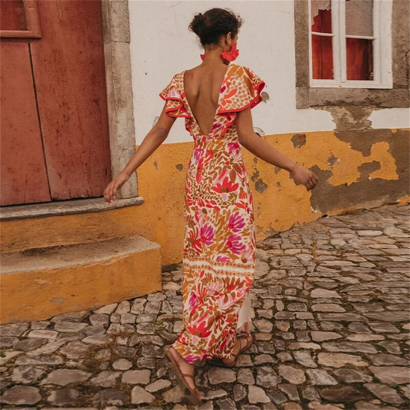 Moodne varrukateta V-kaelusega kleit, suvine uus vintage kleit, volangidega lõhik seljata pikad vestid vabaaja tänavapuhkus