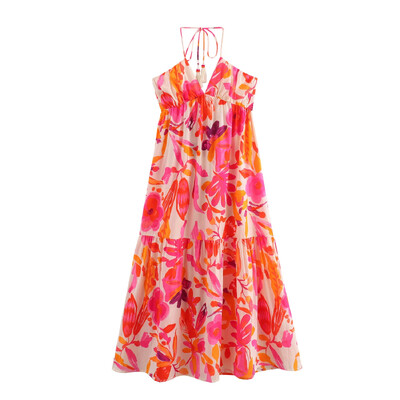 Pühadeaegne vintage rannakleit Moodne naiste trükitud lipsuga vöökoht õhuke kleit naiste seljata pikk kleit Vestidos 2024 suvi uus