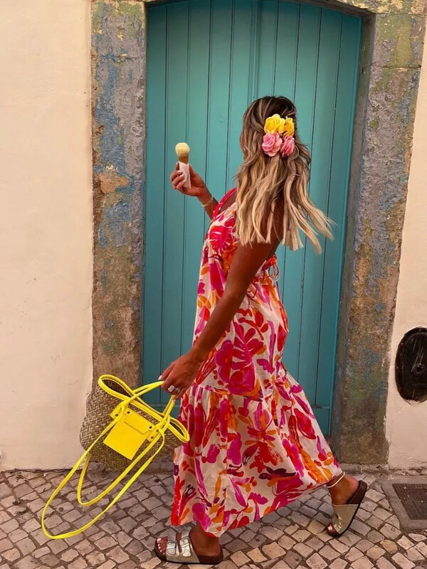 Pühadeaegne vintage rannakleit Moodne naiste trükitud lipsuga vöökoht õhuke kleit naiste seljata pikk kleit Vestidos 2024 suvi uus