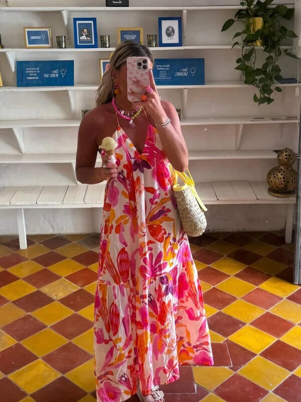 Pühadeaegne vintage rannakleit Moodne naiste trükitud lipsuga vöökoht õhuke kleit naiste seljata pikk kleit Vestidos 2024 suvi uus