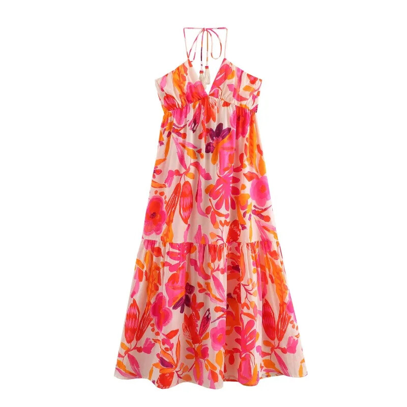 Pühadeaegne vintage rannakleit Moodne naiste trükitud lipsuga vöökoht õhuke kleit naiste seljata pikk kleit Vestidos 2024 suvi uus