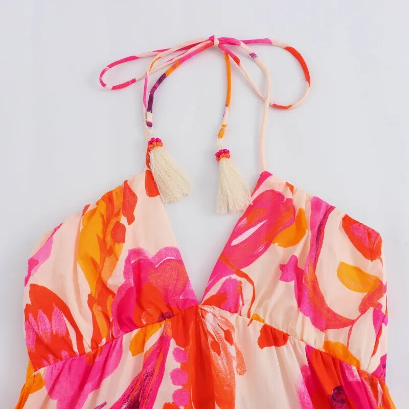 Pühadeaegne vintage rannakleit Moodne naiste trükitud lipsuga vöökoht õhuke kleit naiste seljata pikk kleit Vestidos 2024 suvi uus