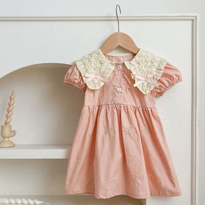 Moodsad tüdrukute tikitud vibukleit suvine uus pisikeste tüdrukute printsesskleidid pitsist lastele lühikeste varrukatega peoriided