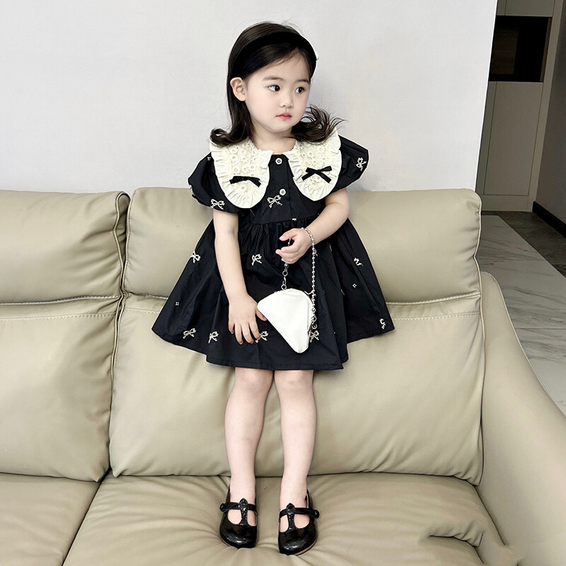 Moodsad tüdrukute tikitud vibukleit suvine uus pisikeste tüdrukute printsesskleidid pitsist lastele lühikeste varrukatega peoriided