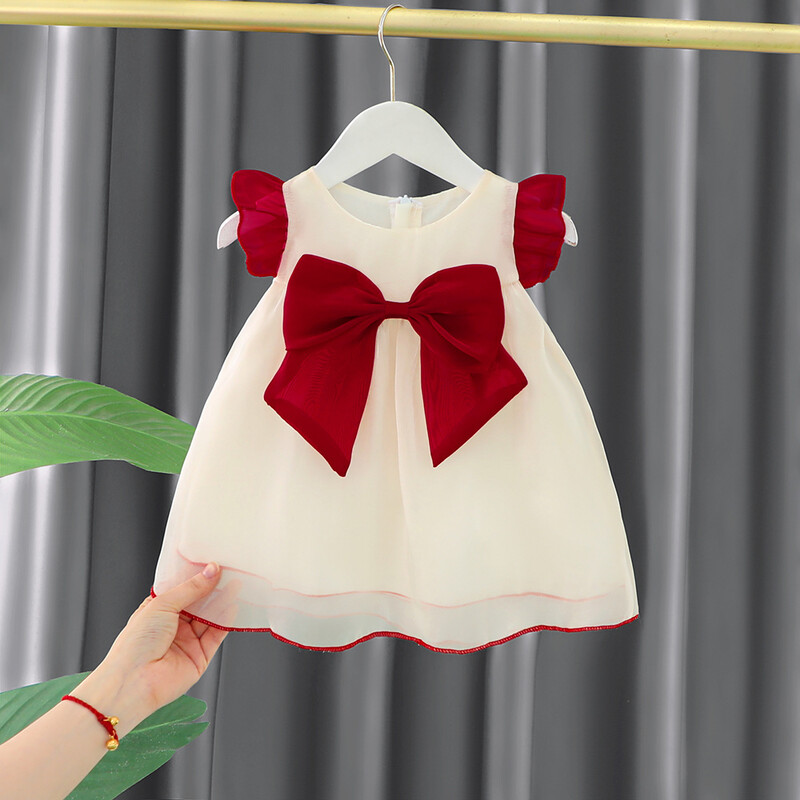 Uus tüdrukute peokleit suvine elegantne printsesskleit Punane valge kleit 0-5-aastastele suur kaar, laste sünnipäevapeokleit