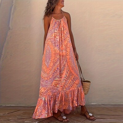 Naiste rannaseeliku trükitud kleit rippuva kaela ja suure õlaäärega, rannapikk seelik, seksikas seljata päikesekleit