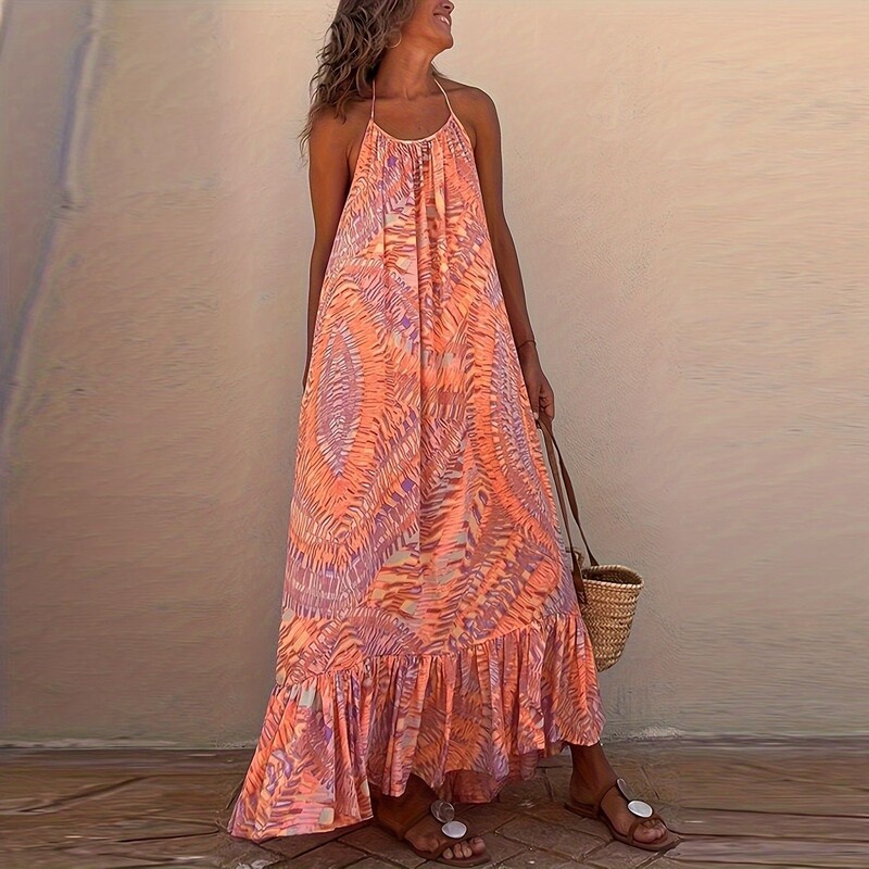 Naiste rannaseeliku trükitud kleit rippuva kaela ja suure õlaäärega, rannapikk seelik, seksikas seljata päikesekleit