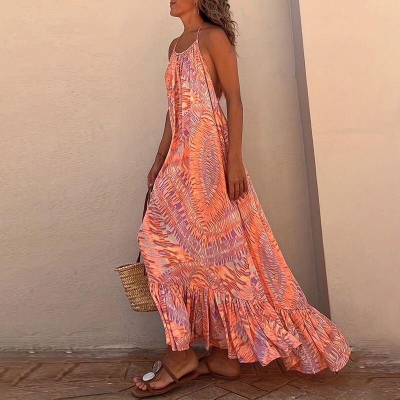 Naiste rannaseeliku trükitud kleit rippuva kaela ja suure õlaäärega, rannapikk seelik, seksikas seljata päikesekleit