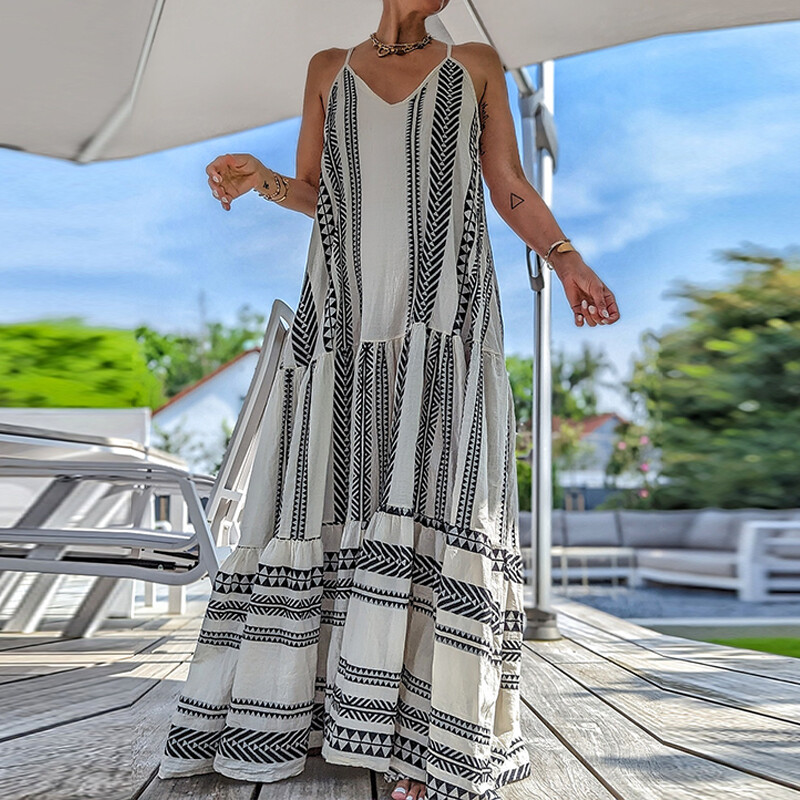 Elegantne vabaaja prindiga varrukateta volangidega peokleit, suvine V-kaelusega sling, avar kleit naistele, moekad pühad, Boho ranna pikad kleidid