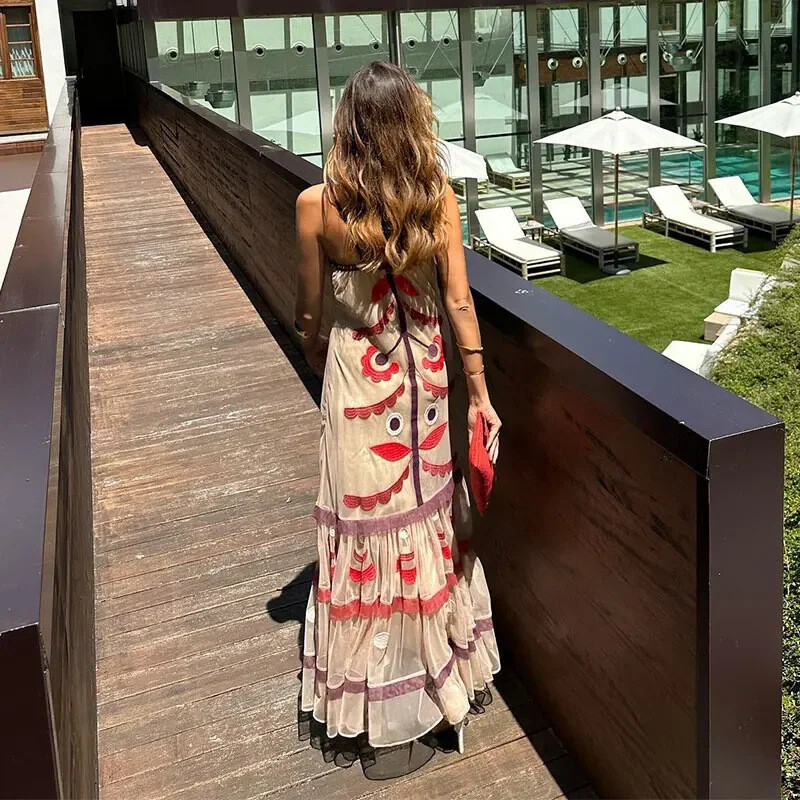 Γυναικείο εμπριμέ φόρεμα με βολάν, σέξι με ώμους χωρίς μανίκια, αμάνικο μπλουζάκι 2024 Casual Loose Resort Beach Robe