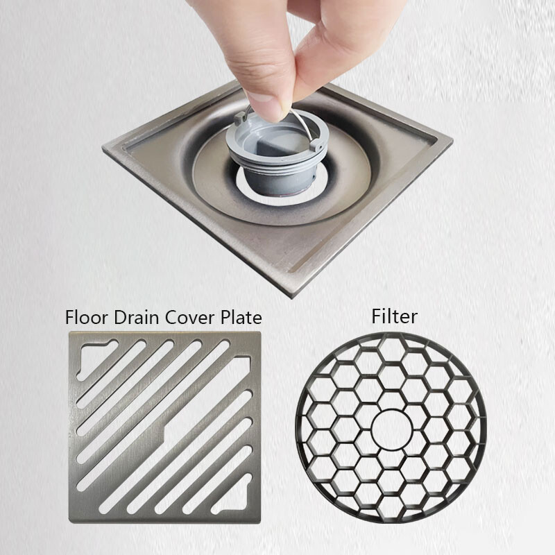 Odvod za tuš WC Filter za kosu Podni odvod Kupaonica 10cm Podni kvadratni odvod 4 inča Sivi Podni odvod tuša Kupaonski pribor