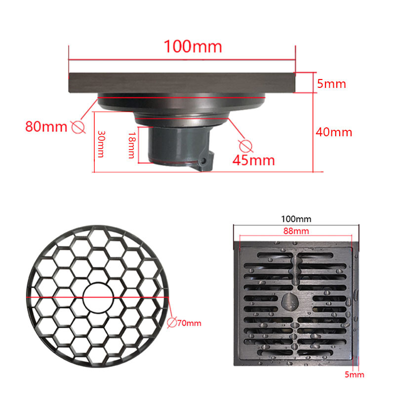 Odvod za tuš WC Filter za kosu Podni odvod Kupaonica 10cm Podni kvadratni odvod 4 inča Sivi Podni odvod tuša Kupaonski pribor