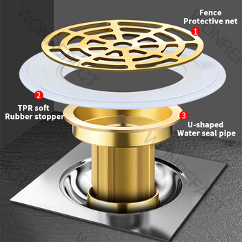 Изцяло меден подов дренаж, дезодорант, тоалетна канализационна тръба, филтърна мрежа, дренажен порт, универсален капак за дезодорант, уплътняващ капак Бързо източване