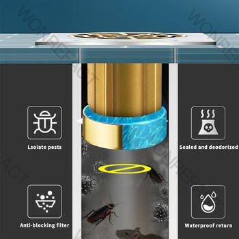 Изцяло меден подов дренаж, дезодорант, тоалетна канализационна тръба, филтърна мрежа, дренажен порт, универсален капак за дезодорант, уплътняващ капак Бързо източване