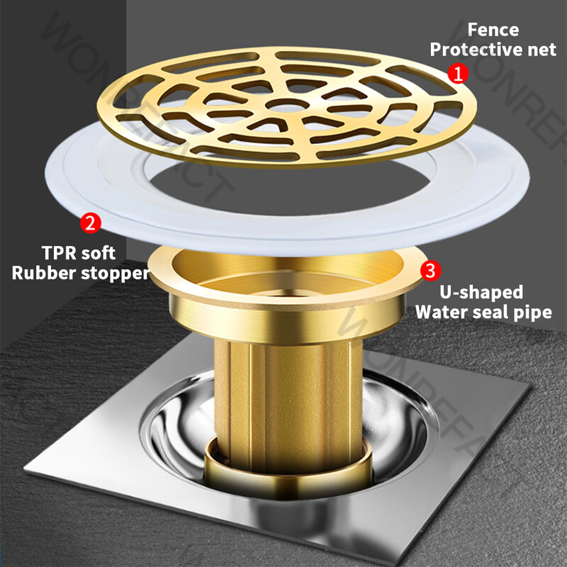 Potpuno bakreni podni odvod Dezodorans WC kanalizacijska cijev Filterska mreža Odvodni otvor Univerzalni poklopac za dezodorans Brtveni poklopac Quick Draina