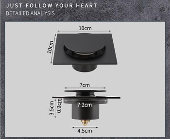 Подови сифони Tuqiu Черен/хромиран месинг Душ Подов сифон Дезодорант за баня Евро квадратен подов дренаж Цедка Капак Решетка за отпадъци