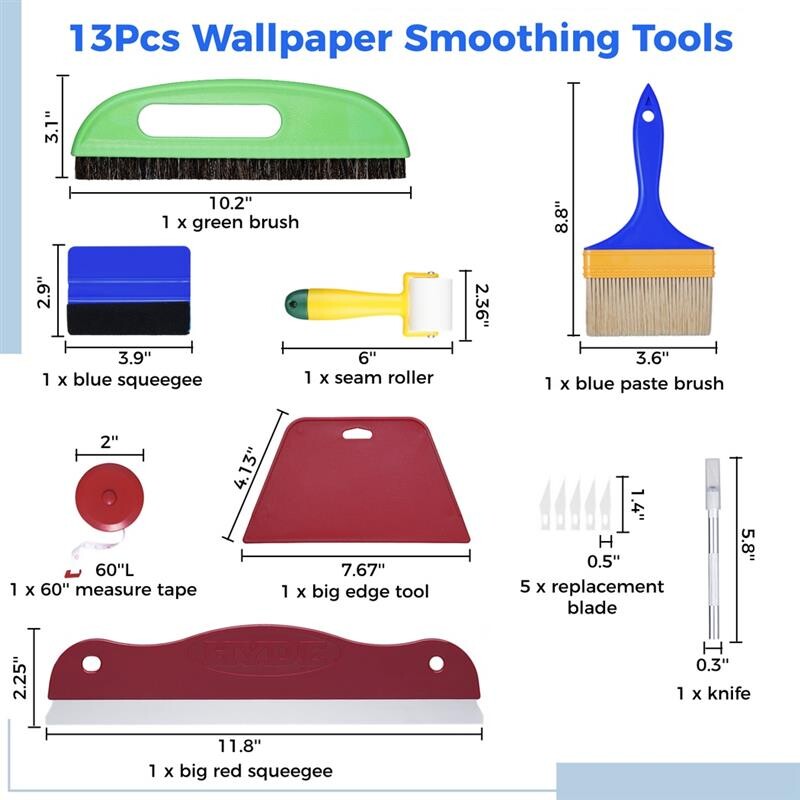 13 vnt. tapetų išlyginimo įrankiai tapetų pastos įrankių rinkinys, skirtas vinilo aplikacijai tapetų šepečiai valytuvai lygintuvai, siūlių volelis
