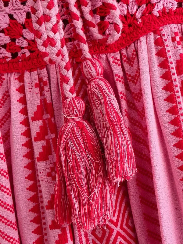 TRAF Women 2024 Bohemian Midi Dress Vacation Charm Splice Knitted Vintage Strap Women Vestidos Mujer