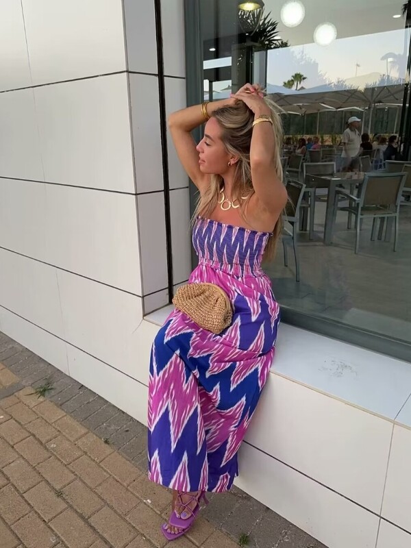 PB&ZA 2024 naiste suvine uus lääne stiilis õhuke üherealine kaelus, elastne rinnahoidja Slim Fit, trükitud pikk kleit