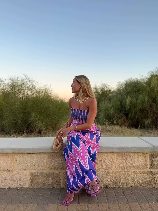 PB&ZA 2024 naiste suvine uus lääne stiilis õhuke üherealine kaelus, elastne rinnahoidja Slim Fit, trükitud pikk kleit