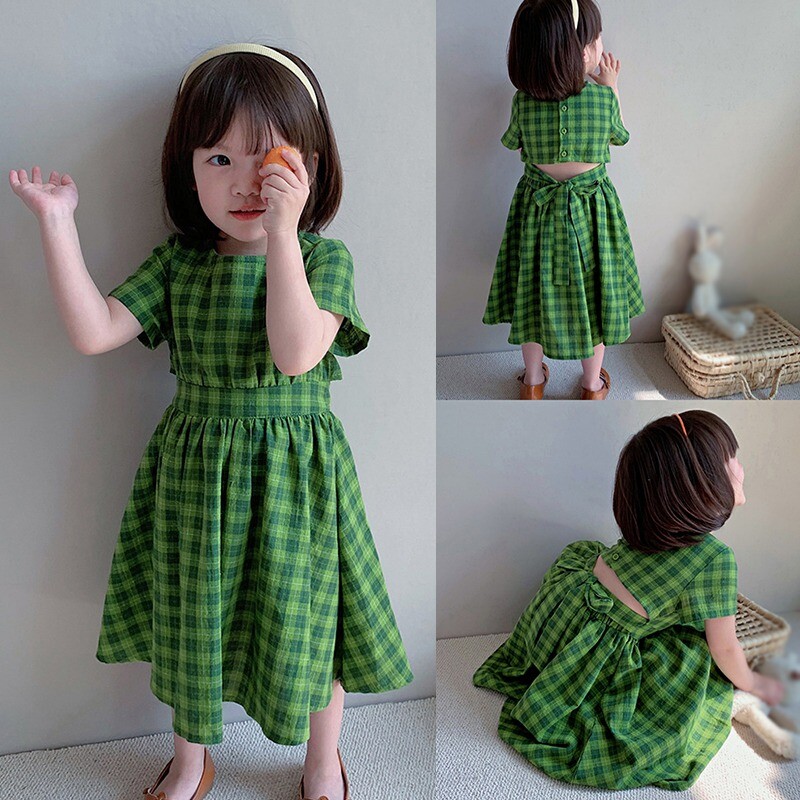 Rochie de vară pentru fete 3-8T, cu decolteu, cu mâneci scurte, cu fundă în carouri verde, fără talie, rochii de prințesă, în stil coreean, rochii pentru fetițe.