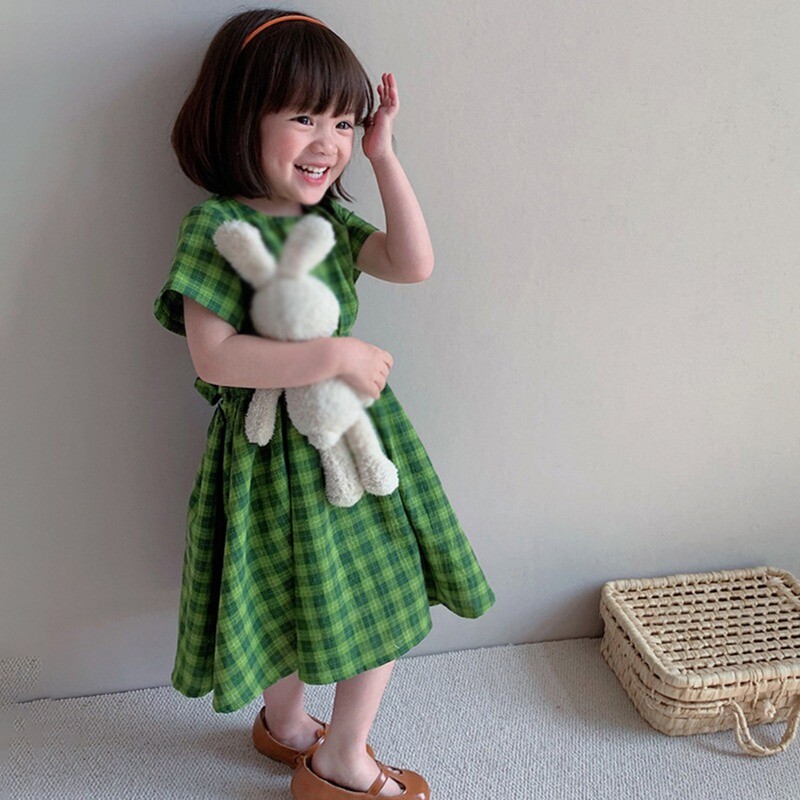 Rochie de vară pentru fete 3-8T, cu decolteu, cu mâneci scurte, cu fundă în carouri verde, fără talie, rochii de prințesă, în stil coreean, rochii pentru fetițe.