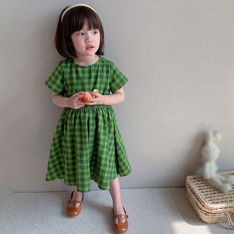 Rochie de vară pentru fete 3-8T, cu decolteu, cu mâneci scurte, cu fundă în carouri verde, fără talie, rochii de prințesă, în stil coreean, rochii pentru fetițe.