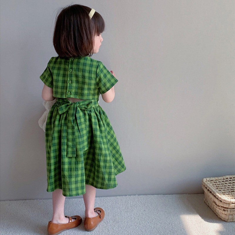 Rochie de vară pentru fete 3-8T, cu decolteu, cu mâneci scurte, cu fundă în carouri verde, fără talie, rochii de prințesă, în stil coreean, rochii pentru fetițe.